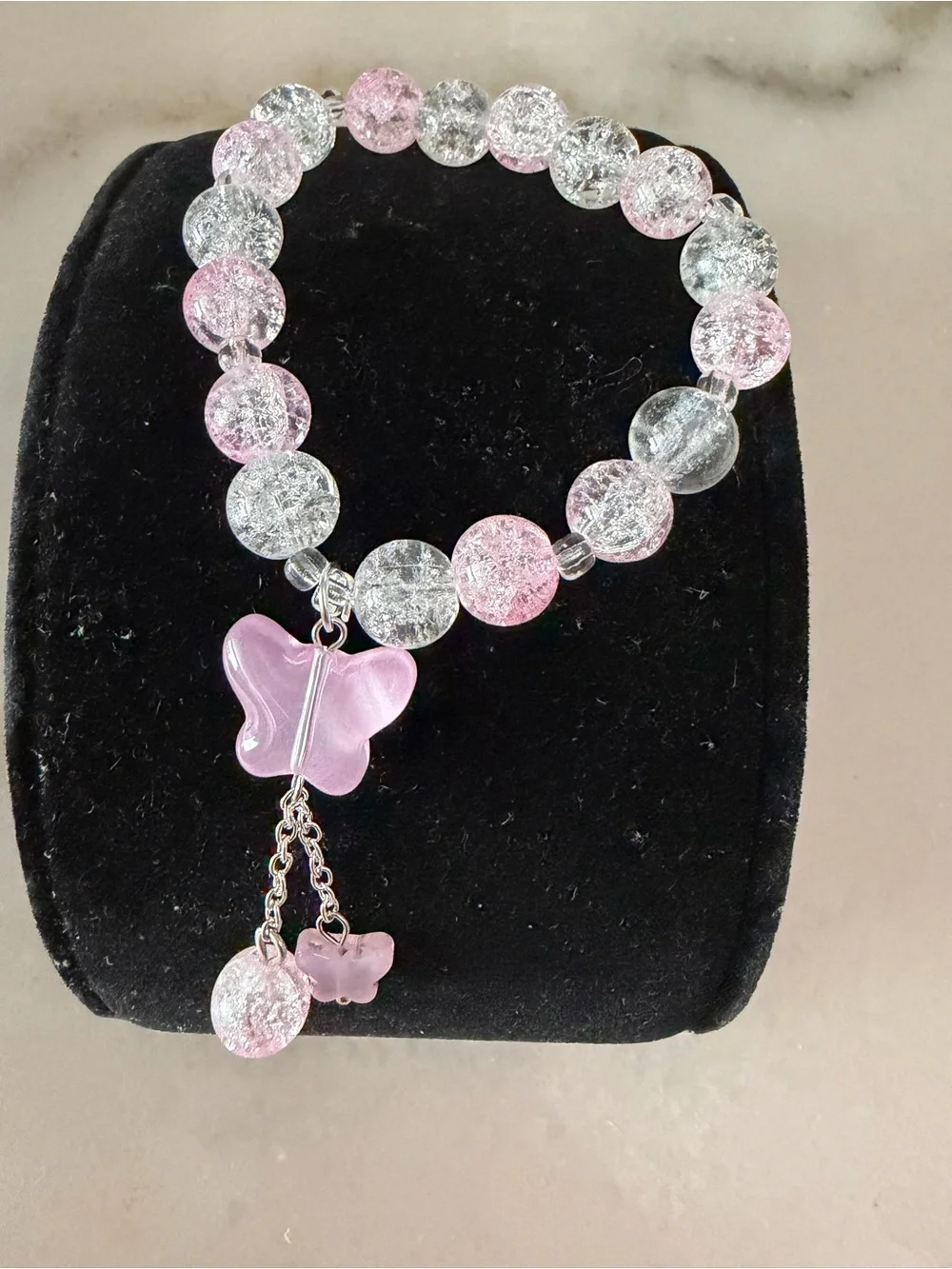 Pink & Clear Butterfly Beaded Stretch Bracelet - Elegant Women Jewelry